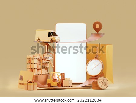 Online shopping and delivery concept. Smartphone with blank screen. Fast delivery, shipping route of the goods from warehouse to customers. Warehouse shelves, forklift, delivery van. 3d illustration