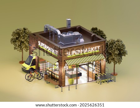 Supermarket or grocery building with interior. Supermarket trolley carts, shelves with products, cashier desk and delivery van unloading goods. 3d illustration