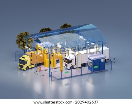 Trucks at the customs control on border checkpoint. X-ray truck scanner. Customs control zone services. Booth, barriers, CCTV video surveillance. 3d illustration
