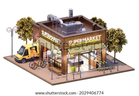 Supermarket or grocery building with interior. Supermarket trolley carts, shelves with products, cashier desk and delivery van unloading goods. With clipping path. 3d illustration