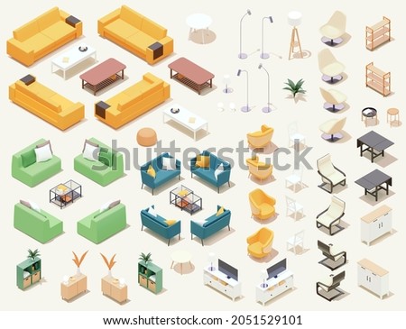 Vector isometric home furniture set. Domestic and office furniture and equipment. Sofas, chairs, armchairs, tables, lamps, cabinets and stools