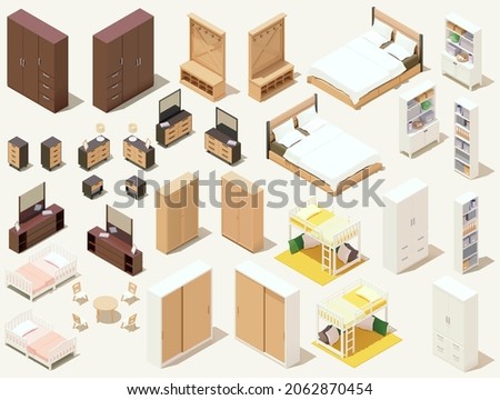Vector isometric home furniture set. Domestic furniture and equipment. Chairs, lamps, cabinets, beds stools and other furniture
