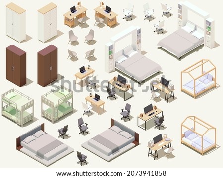 Vector isometric home furniture set. Domestic and home office furniture. Beds, cabinets, office desks and chairs
