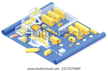 Vector isometric warehouse building on blueprint. Warehouse racking, forklifts with boxes, van and truck loaded with goods, offices, pallets with crates, container