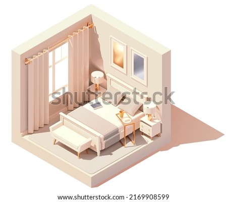 Vector isometric modern bedroom interior. Double bed, white walls, bedroom bench and night lamps. Low poly cross-section illustration. Cutaway drawing