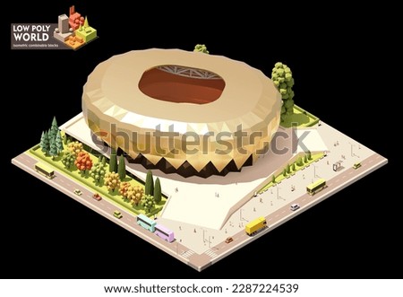 Vector isometric stadium building. Modern sports venue exterior. Sport arena, people and transport on the street. Combinable map elements