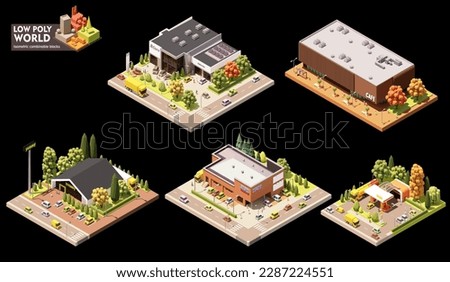 Vector isometric world map creation set. Combinable map elements. Town or city commercial area map