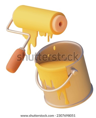 Vector icon. Paint can and paint roller. Wall painting with yellow paint in bucket. Roller brush dripping