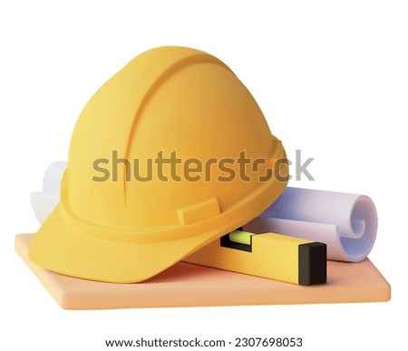 Vector icon. Engineer or constructor hardhat with blueprint and level tool