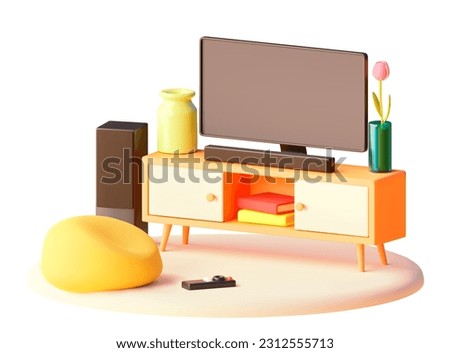 Vector tv stand with bean bag chair illustration. Modern furniture. Tv, soundbar with subwoofer, pouf and remote control