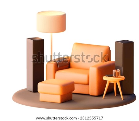 Vector leather armchair with side table and ottoman. Modern furniture. Leather armchair, floor lamp, side table and speakers