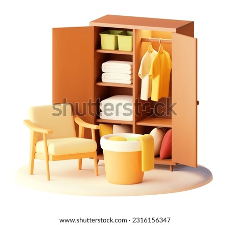 Vector modern wardrobe with clothes. Armchair and laundry basket