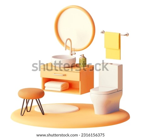 Vector modern bathroom with ceramic white toilet bowl illustration. Wooden counter, sink and mirror, towel hanger and stool