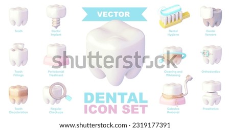Vector dental care icon set. Dentist and orthodontics clinic services. Tooth ceramic veneers, braces, prosthesis, implant, teeth whitening
