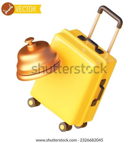 Vector yellow travel suitcase and hotel bell. Big plastic tourist bag on wheels and bronze hotel reception bell. Hotel booking icon