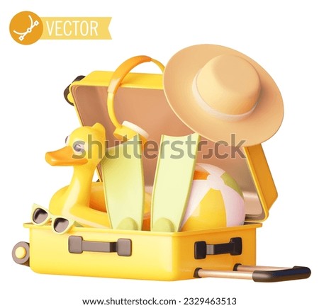 Vector icon. Open suitcase packed with travel accessories. Tourist suitcase for beach vacation. Traveler bag, flippers, float, beach ball and sunglasses