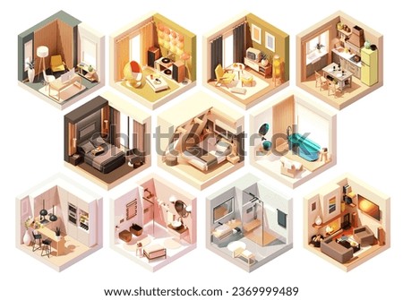 Vector isometric home rooms set. Rooms cross-sections. Bedroom, living room, kitchen, home office, dining room. Furniture and decoration. Modern and classic interior design