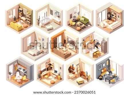 Vector isometric home rooms set. Rooms cross-sections. Bedroom, living room, kitchen, home office, dining room. Furniture and decoration. Modern and classic interior design