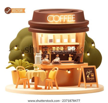 Vector small coffee booth or kiosk. Coffee to go booth in the cup, coffee machine and grinder, outdoor table, seats, counter, cash register and blackboard menu