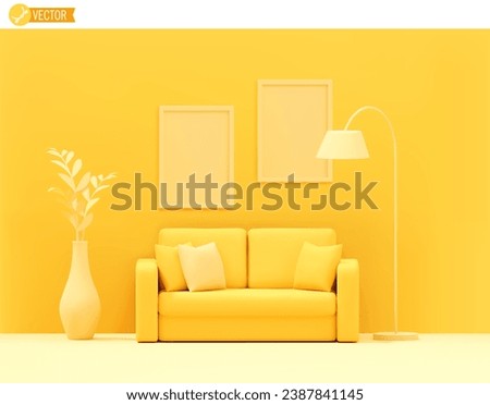 Vector yellow sofa on yellow background. Minimal style living room, sofa, plant, floor lamp. Cozy apartment illustration with copy space
