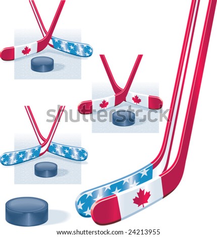 Vector hockey sticks in USA and Canada flag colors and puck