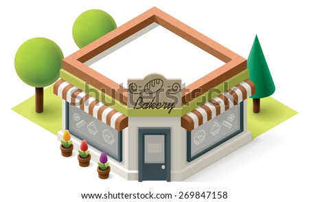 Vector isometric icon representing small bakery shop building with neon sign