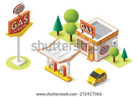 Vector isometric icon representing gas filling station with pumps, neon sign and car