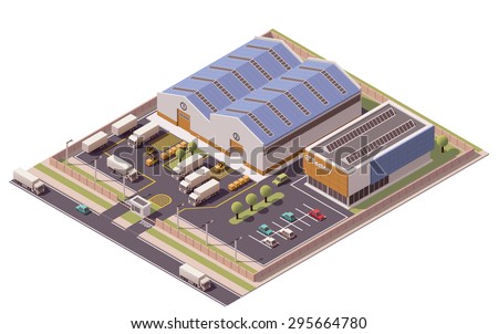 Vector isometric icon or infographic element representing low poly factory building, warehouse, office and semi-trucks with trailers 