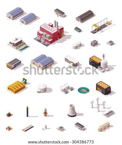 Vector isometric icon set or infographic elements representing low poly industrial structures and buildings - plant, factory, storage, warehouse, hangar, machines and facilities