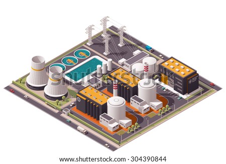 Vector isometric icon or infographic element representing low poly nuclear power station, reactors, power lines and nuclear energy generation related facilities