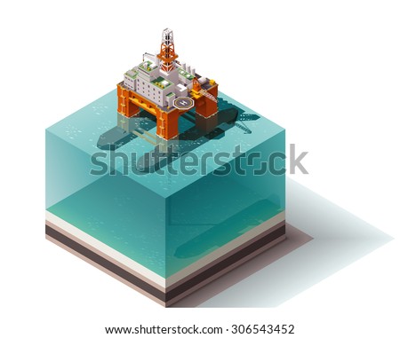 Vector isometric icon or infographic element representing low poly offshore oil platform in the ocean