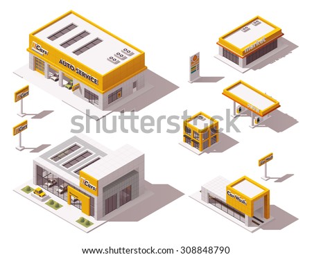Vector isometric icon set or infographic elements representing low poly car dealership, car service and repair station, car wash buildings 
