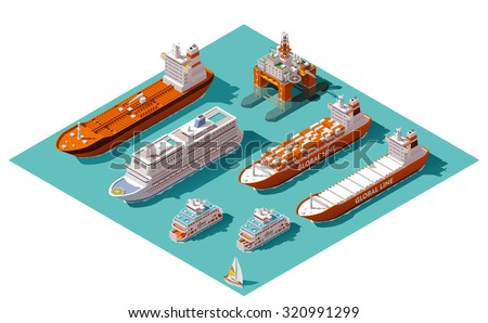 Vector isometric icon set or infographic elements representing low poly cargo container ship, oil tanker ship, passenger cruise ship, ferry loaded with cars and oil platform