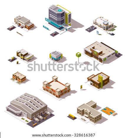 Vector isometric icon set or infographic elements representing low poly buildings - police station, cafe, hospital, warehouse, drugstore, supermarket, shops and stores