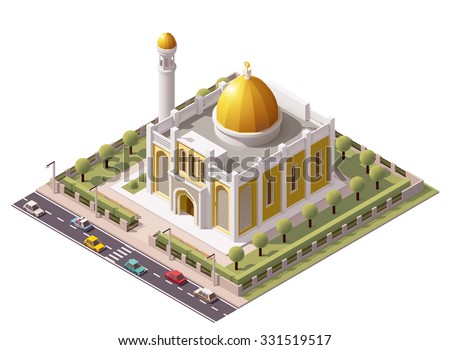 Vector isometric icon or infographic element representing low poly mosque building with minaret