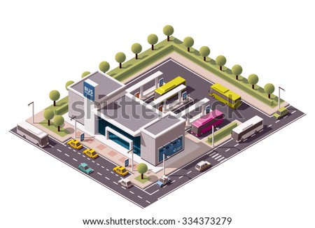 Vector isometric icon or infographic element representing low poly bus station terminal, intercity buses, nearby street and cars on the road