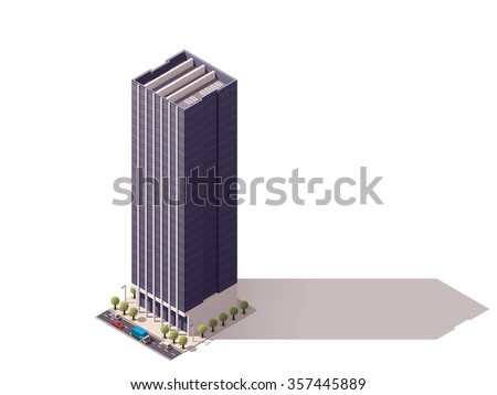 Vector isometric icon or infographic element representing low poly town skyscraper apartment and office building with street roads and cars for city map creation