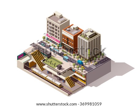 Vector Isometric infographic element or icon representing low poly cross-section of the street with buildings and underground metropolitan station. Subway train, escalator, platform are visible