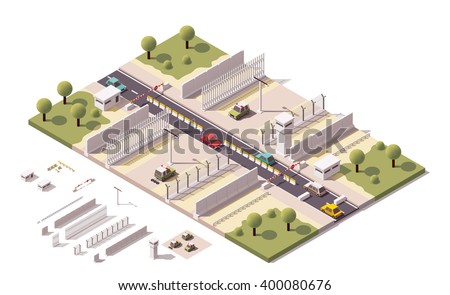 Vector Isometric icon or infographic element representing low poly guarded border fence, border guard patrol cars, barbed wire fences, guards tower, security equipment and constructions