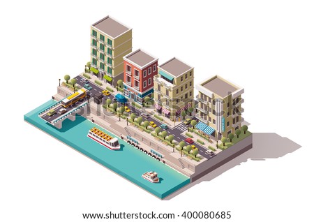 Vector Isometric low poly town street with buildings, stores and cafe on the river bank. Tourist cruising ship passed under the bridge and arriving to the pier icon 