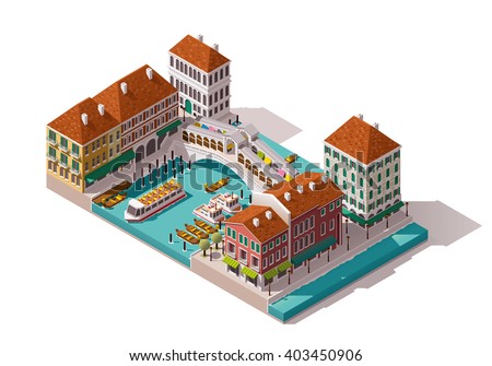 Vector isometric icon or infographic element representing low poly Rialto bridge over the canal with gondolas, Venice, Italy. Buildings, shops, stores nearby