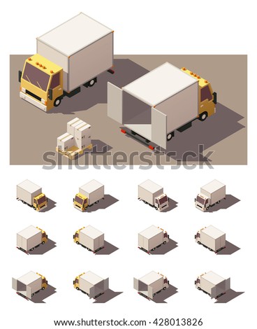 Vector Isometric icon set or infographic elements representing box truck with open and closed doors. Each vehicle in four views with different shadows. Low poly style