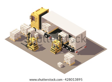 Vector Isometric icon or infographic element representing semi-trailer and forklift loading pallets with cardboard boxes. Low poly style