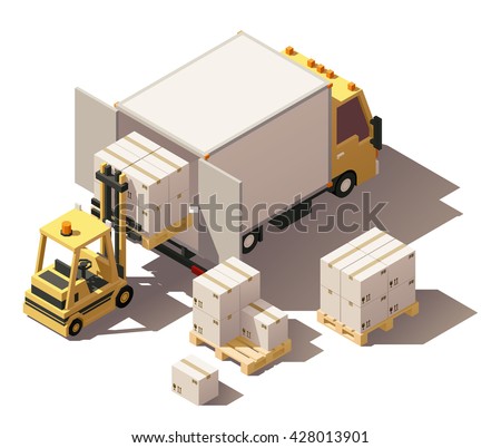 Vector Isometric infographic element or icon representing box truck and forklift loading pallets with cardboard boxes. Low poly style