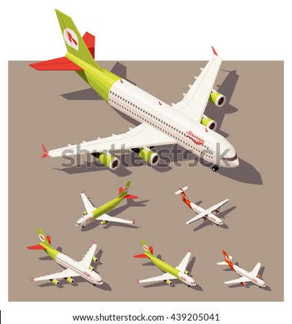 Vector Isometric infographic elements set representing commercial passenger airplanes. Different classes of jet and propeller engine airplanes in low poly style