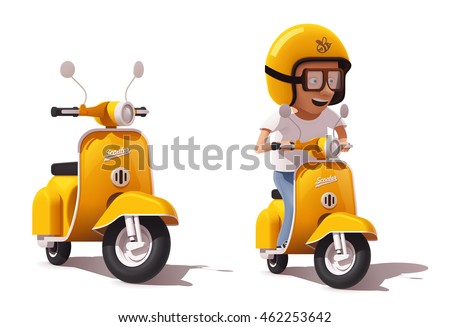 Detailed icons representing yellow retro scooter and scooter driver in helmet