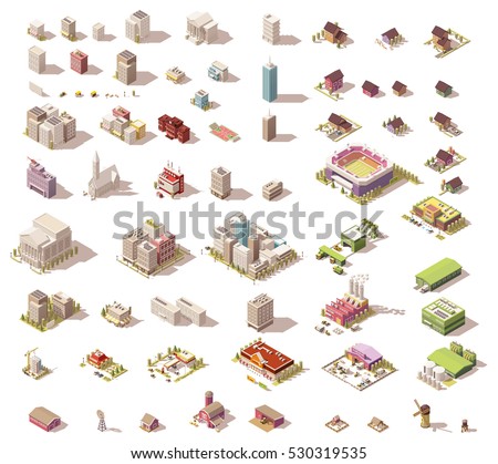 Vector buildings set. Isometric low poly city buildings, rural buildings and houses, industrial structures and elements