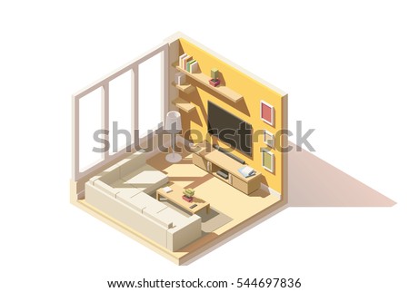 Vector isometric low poly living room cutaway icon. Room includes sofa, coffee table, tv and other furniture