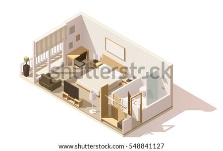 Vector isometric low poly hotel room cutaway icon. Room includes twin bed, table, other furniture, tv and bathroom