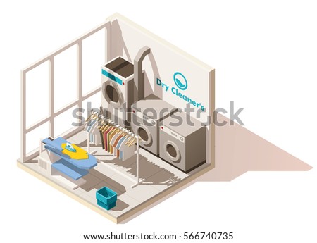 Vector isometric low poly commercial laundry cutaway icon. Includes dry cleaners washing machines, dryer, ironing board
